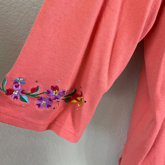 Quacker Factory Womens Plus 1X Embroidered Floral Top Coral 3/4 Sleeve Shirt - Picture 11 of 11